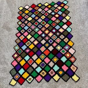 Vtg. Rosanne Style Black Granny Square Hand Crocheted Multi-color Lap Blanket